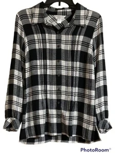 Blusa para mujer Christopher Banks manga larga abotonada a cuadros suaves negra blanca PS - Imagen 1 de 7