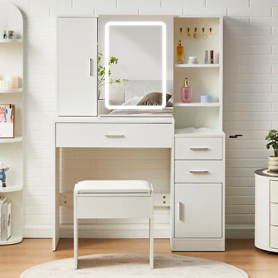 Dressing Table With Drawers Sliding Mirror Stool Set Makeup Desk Vanity Table - Image 1 of 4