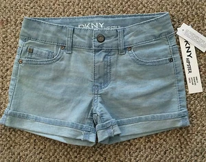 Girls Size 5 DKNY Hipster Blue Jean Denim Shorts Skinny Fit Cuffed Stretch - Picture 1 of 3