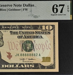 2009 $10 Federal Reserve Note PMG Gem 67EPQ - Near Solid Serial Number 88888882 - Picture 1 of 3