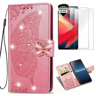 Блестящий бабочка бумажник телефона чехол и 2 стекла протектор экрана пленка и 2 ремни - Изображение 1 из 4