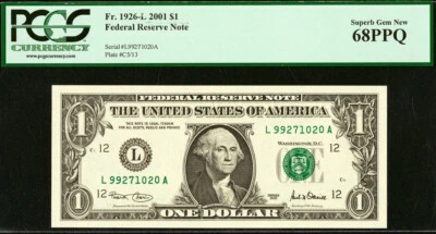 Top Pop 2001 $1 FRN PCGS 68PPQ highest graded San Francisco Fr 1926-L - Image 1 of 3