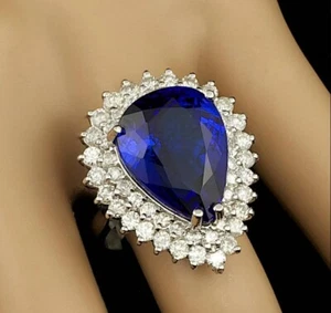 Stunning Pear Cut Blue 15.41CT Sapphire & Double Halo 2.36CT CZ Anniversary Ring - Picture 1 of 5