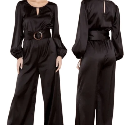 Mono Aura The Label satinado manga larga cinturón pierna ancha en negro para mujer talla S Foto 1 de 4