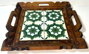 Vintage mexikanisches handgeschnitztes Holz MCM grüne Blume Keramikfliese Serviertablett Volkskunst - Bild 1 von 9