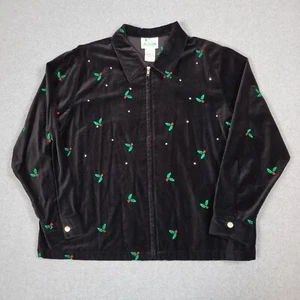 HSN Quaker Factory Jacket Women 1X Black Velvet Mistletoe Rhinestone Embroidered - Picture 1 of 6