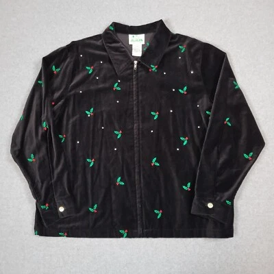 HSN Quaker Factory Jacket Women 1X Black Velvet Mistletoe Rhinestone Embroidered - Image 1 of 4