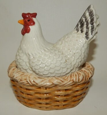Sakura Oneida Black White Country Hen Chicken on Nest Sugar Jam Pot - Image 1 of 4