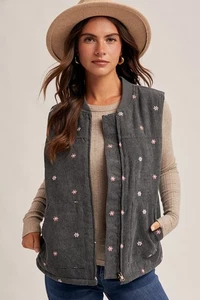 Hem & Thread Women's Corduroy Floral Embroidered Zip Front Vest with Pockets - Picture 1 of 6