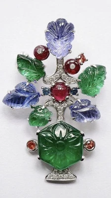 Broche de piedras preciosas talladas Tutti Frutti plata de ley 925 Art Deco joyería alta Foto 1 de 4