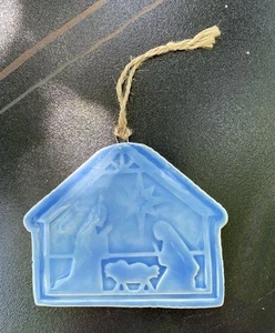 Clay Nativity Ornament 4" Blue Colored Jute With Bead Hangs 9" Signed AH - Picture 1 of 3