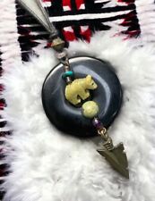 Men’s Talisman Fetish Bear Spirt Animal  Pendant Necklace 30” Onyx Turquoise Gem