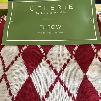 Celerie Kemble christmas red white argyle sweater throw blanket 50 X 60” NWT - Image 1 of 4