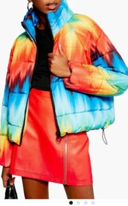 Top Shop Rainbow Tie Dye Puffer Jacket US Size 10 New - Picture 1 of 12