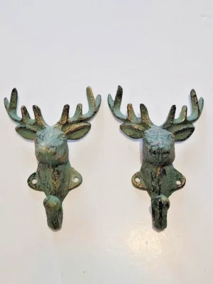 Rustic Elk/Deer Head Hooks Cast Iron Coat Hook Rack Restoration Hat - Image 1 of 4
