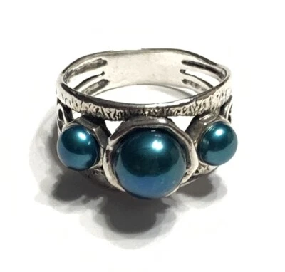 NUEVO SIN ETIQUETAS O PAZ ANILLO PLATA ESTERLINA 925 TRES PERLAS AZULES TALLA 7 HECHO EN ISRAEL PZ Foto 1 de 4