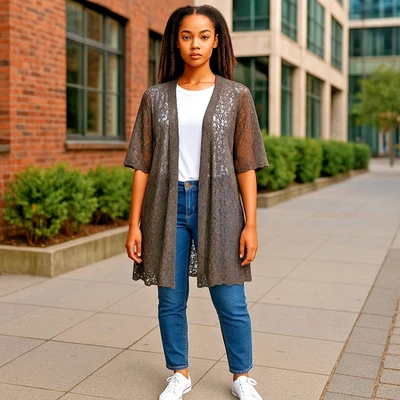 LulaRoe Women's Size Large Black Lace Floral Kimono Open-Front Cardigan - Image 1 of 4