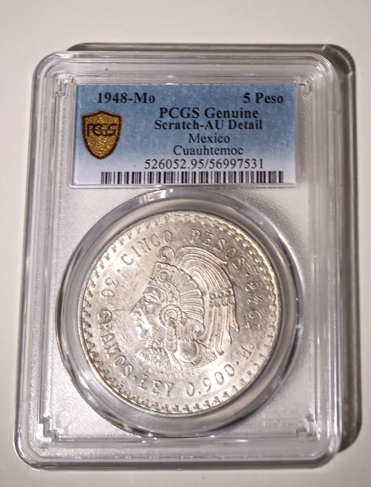 México 5 Pesos 1948 MO PCGS Rasguño Genuino AU Detalle Foto 1 de 2