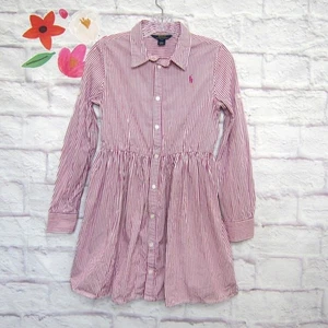 POLO RALPH LAUREN Dress Girl's Sz 16 Pink & White Striped Shirt Dress w/ Pockets - Picture 1 of 7