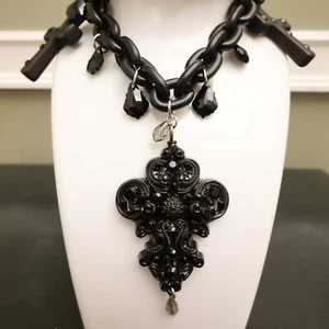 Tarina Tarantino necklace crosses Lucite Swarovski black gray silvertone signed - Picture 1 of 9