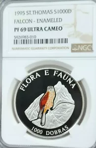 1995 ST THOMAS & PRINCE SILVER 1000 DOBRAS FALCON NGC PF 69 ULTRA CAMEO TOP POP - Picture 1 of 4