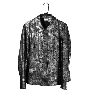 Chico's Womens Jacket Black Silver Paisley Floral Metallic Button Pockets 2 L/12 - Picture 1 of 8