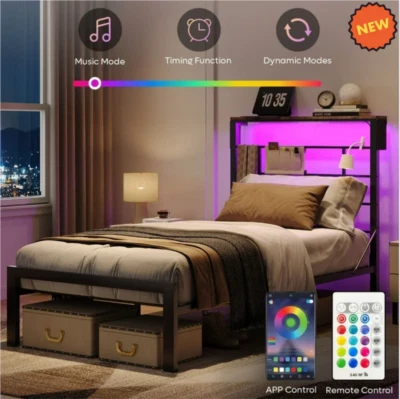 Marco De Cama Base Plataforma de Metal Cabecera LED Storage Habitacion Twin Size - Image 1 of 4