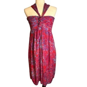 Hula Hula Red Blue Strapless Halter Dress Tie Neck O/S Made in Hawaii Tropical - Picture 1 of 11