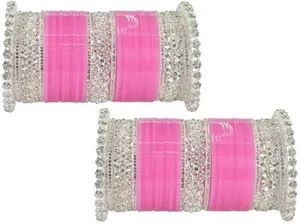 Silver Plated Metal with Zircon Diamond Stone & Acrylic Bangles Chuda Set Pink - Picture 1 of 6