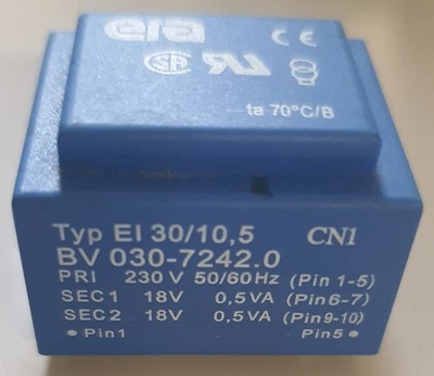 1X Printtrafo, Transformator, primär230V, sekundär 2X18V / 2x 0,5VA, era EI30/10 - Bild 1 von 2