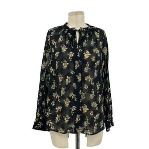 Vince Dandelion Poet Blouse Gathered Floral-Print Silk-Crepon Black Size Small - Picture 1 of 11