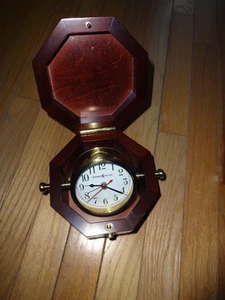 Howard Miller 645-187 Brass Nautical Mantle or Desk Clock with Alarm in Wood Box - Picture 1 of 12