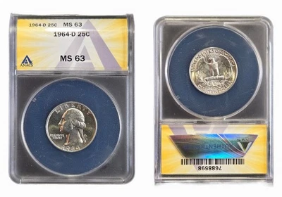 1964-D 25c Washington Quarter ANACS MS63 - 90% Silver - Image 1 of 3