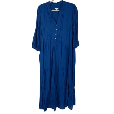 J Jill XL Petite Blue Tiered Midi Dress  Button Front Long Sleeve Ruffle Collar - Image 1 of 4
