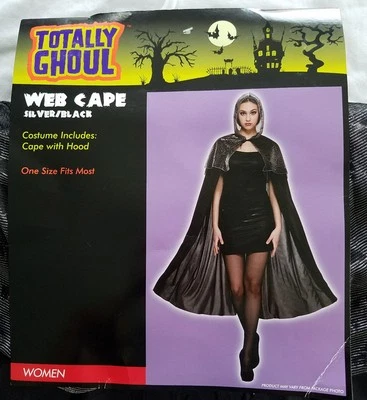 Totally Ghoul Adult Womens Black And Silver Spider Web Hooded Cape Halloween - Image 1 of 4