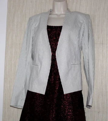 Theory Cotton Blend White Striped Blazer Coat Women Size Size:6 - Image 1 of 4