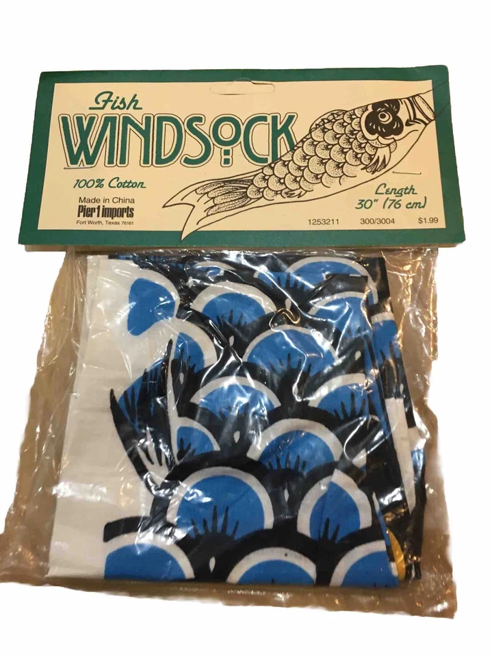 De Colección Pier 1 Importaciones Peces Windsock 30" Azul/Negro/Blanco Nuevo de Lote Antiguo 100% Algodón Foto 1 de 4