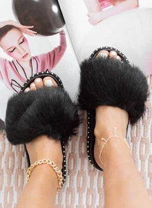 LADIES WOMENS FAYUX FLUFFY FUR STUDS SLIDERS WARM FASHION SLIPPERS SHOES SIZE UK - Picture 1 of 13