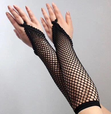BLACK FISHNET GLOVES FINGERLESS LOOP OVER THE ELBOW LONG BURLESQUE SEXY LINGERIE - Image 1 of 4