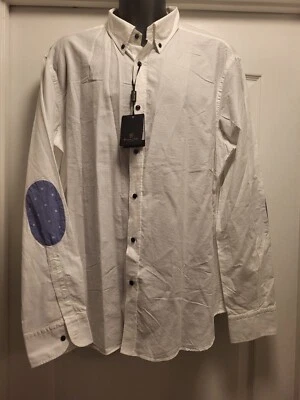 Massimo Dutti Italian Dress Shirt Elbow Patches White Waffle Weave Size XXL NEW - Image 1 of 4