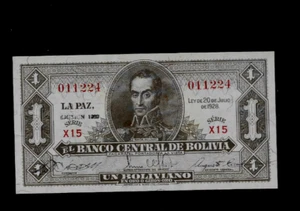 BOLIVIA ( 1 )BANK NOTE 1 BOLIVIANO L. 1928 P 128 EXTRA FINE - Picture 1 of 2