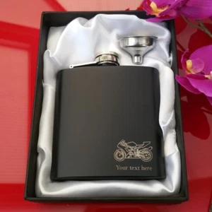 Motorbike Personalised Engraved 6oz Hip Flask Gift Present Merchandise - Picture 1 of 4