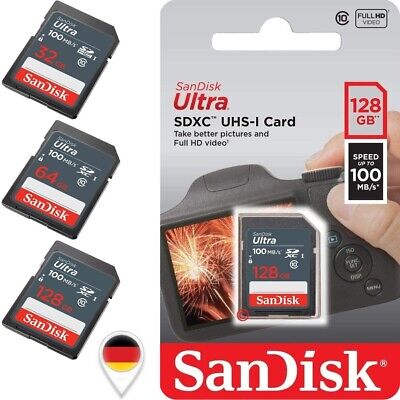 Sandisk Ultra SD Speicherkarte 32GB 64GB 128GB, UHS-I, Class 10, Full HD Video • 12.10€