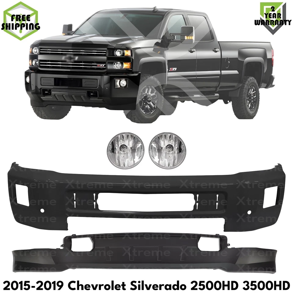 Front Bumper Paintable & Fog Lights Kit For 2015-19 Chevy Silverado 2500 HD 3500 Foto 1 de 4