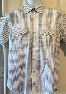Johnston & Murphy White Blue Cotton Geometric Check Short Sleeve Shirt - Medium - Picture 1 of 2