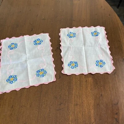 Vintage Hankies Pink Flower Embrodered Crochet Trim Smooth Handkerchief - Pair - Image 1 of 4