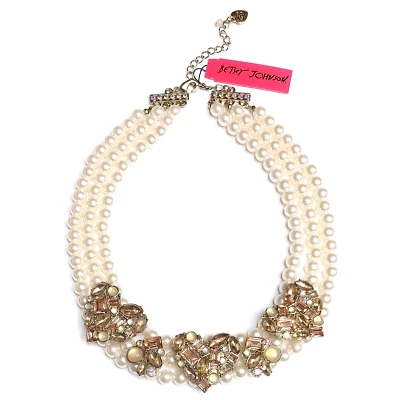 NWT Betsey Johnson HAPPY PRETTY Gold Tone Glass Pearl & Blush Stones Necklace - Image 1 of 4