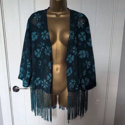 M&S INDIGO COLLECTION UK 22 TEAL SHEER FLOATY TASSELS FLORAL COVER UP THROW OVER - Image 1 of 4