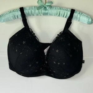 Victoria’s Secret Padded No Wire Bra Size 38DD Black Lace Gold Stars Starbursts  - Picture 1 of 6