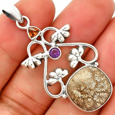 Colgante Flor Fósil Coral, Mandarina Citrino y Amatista Plata 925 P-1294 Foto 1 de 4